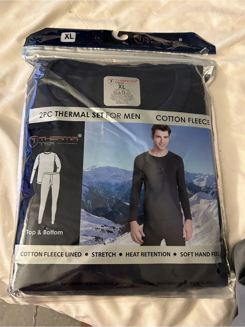 Men’s Cotton Fleece Thermal Set - Black (2-Piece, XL)